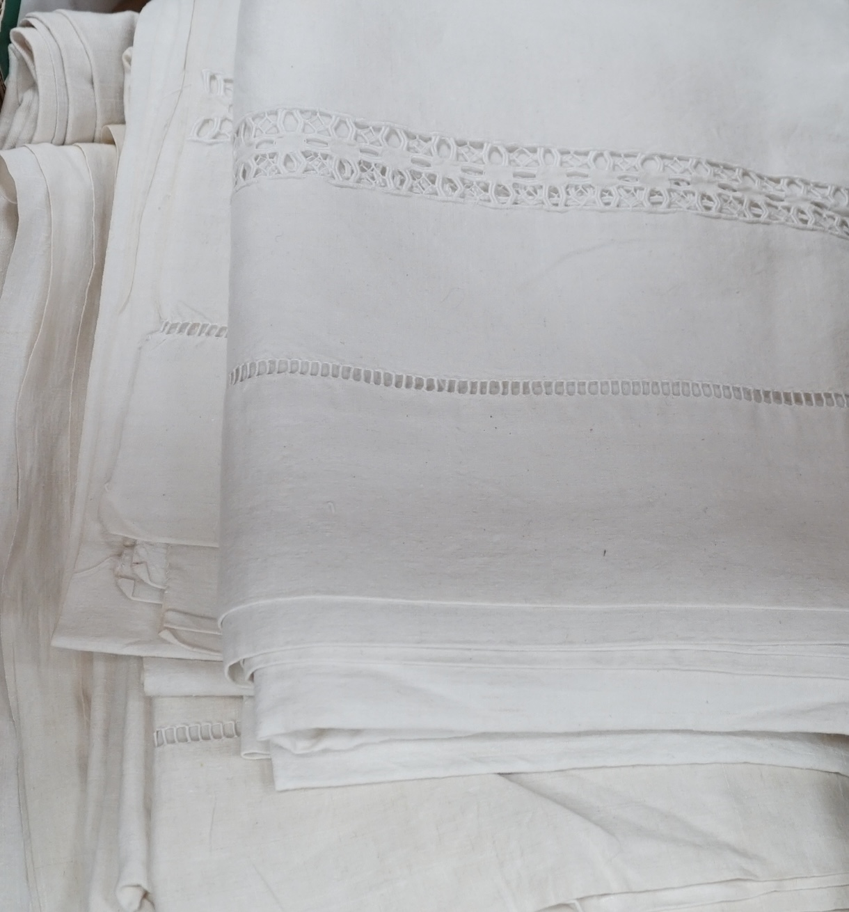 Three French linen sheets with embroidered turn backs